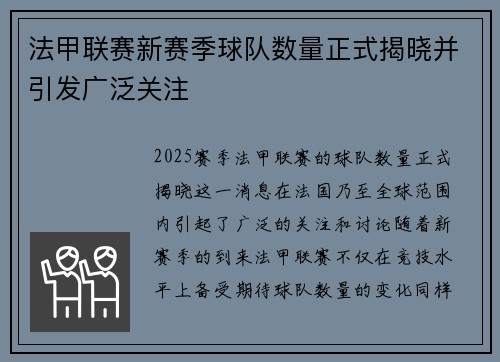 法甲联赛新赛季球队数量正式揭晓并引发广泛关注