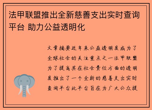 法甲联盟推出全新慈善支出实时查询平台 助力公益透明化